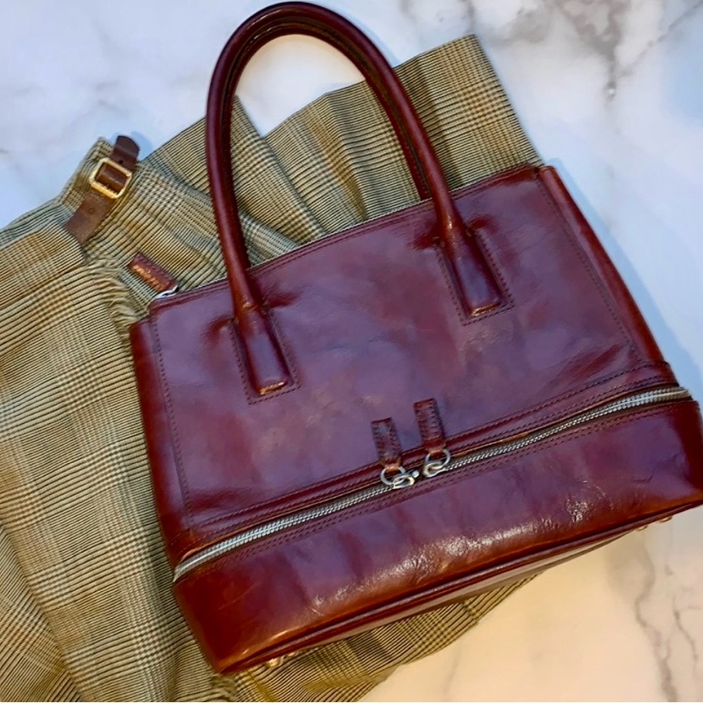 VINTAGE WILSONS TOTE BAG ITALIAN LEATHER HANDBAG COGNAC